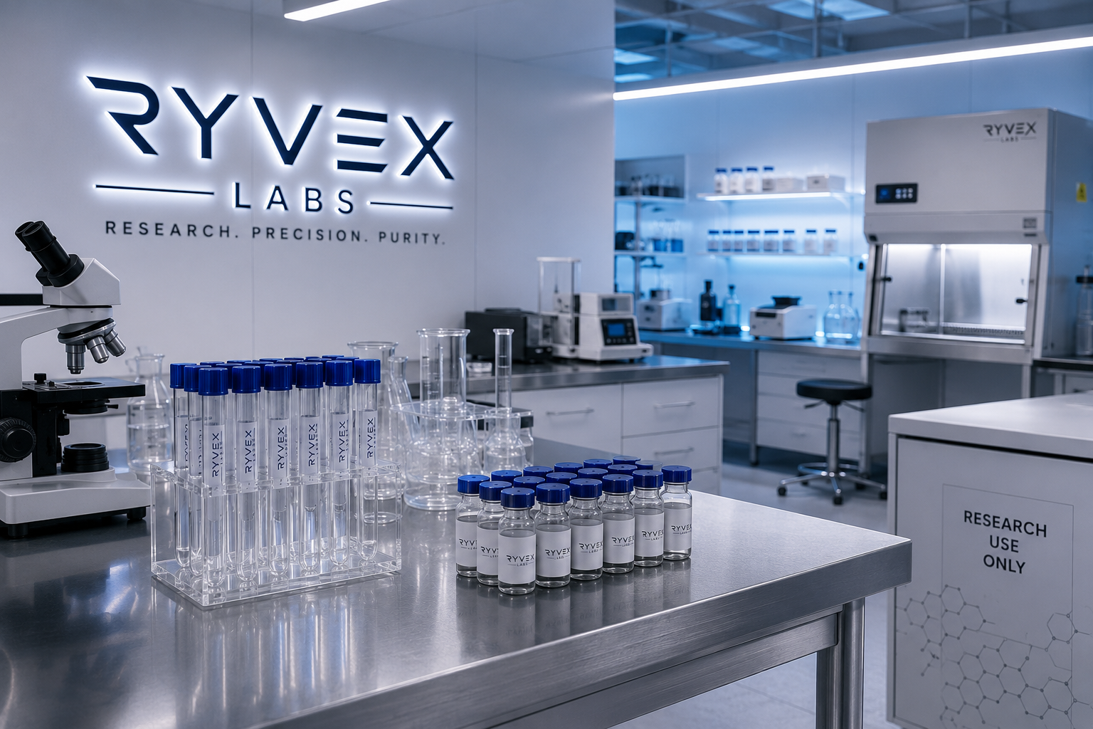 Ryvex Labs research facility — vials, glassware and lab instrumentation