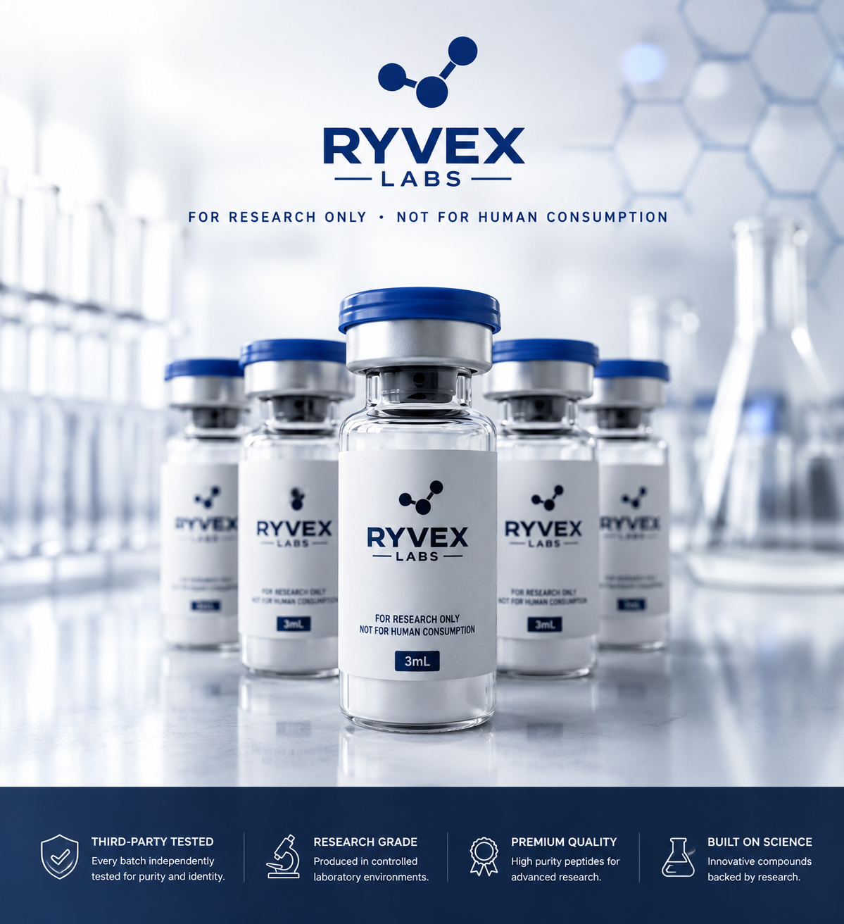 Ryvex Labs research peptide vials — third-party tested, research grade, premium quality, built on science